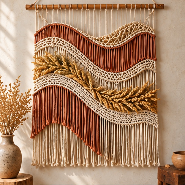 Terracotta Tide: Terracotta / Natural, Woven waves wheat tapestry